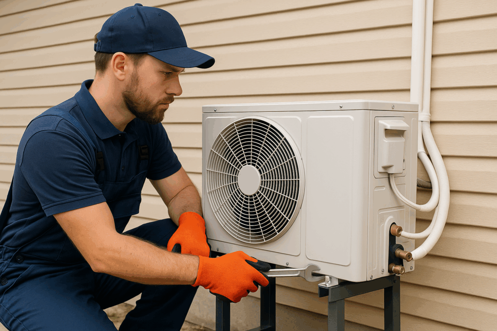 technician installing a heat pump